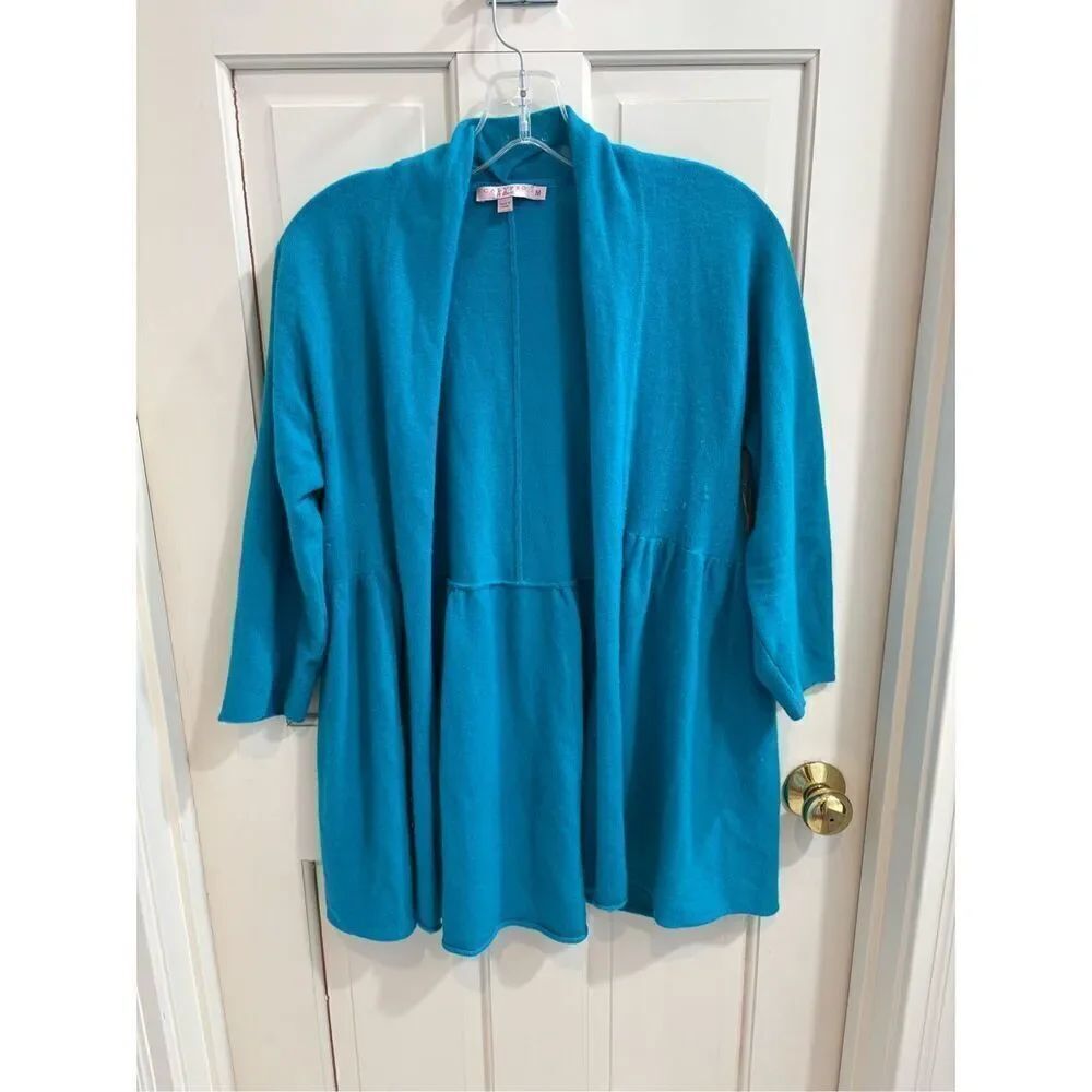 CALYPSO ST BARTH 100% Cashmere Open Front Peplum Cardigan Sweater Teal Sz MEDIUM